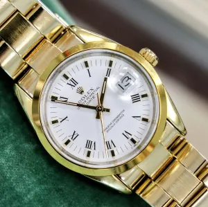 1985 ROLEX Oyster Perpetual Date 34mm Wristwatch Ref. 15505 Cal. 3035 27 Jewels Roman Numerals Dial Vintage Watch