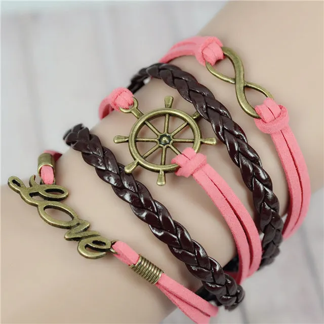 2017 New Womens Fashion Vintage Anchors Rudder Rectangle Leather Bracelet Multilayer Charm Bracelets Best Valentine's Day Gift
