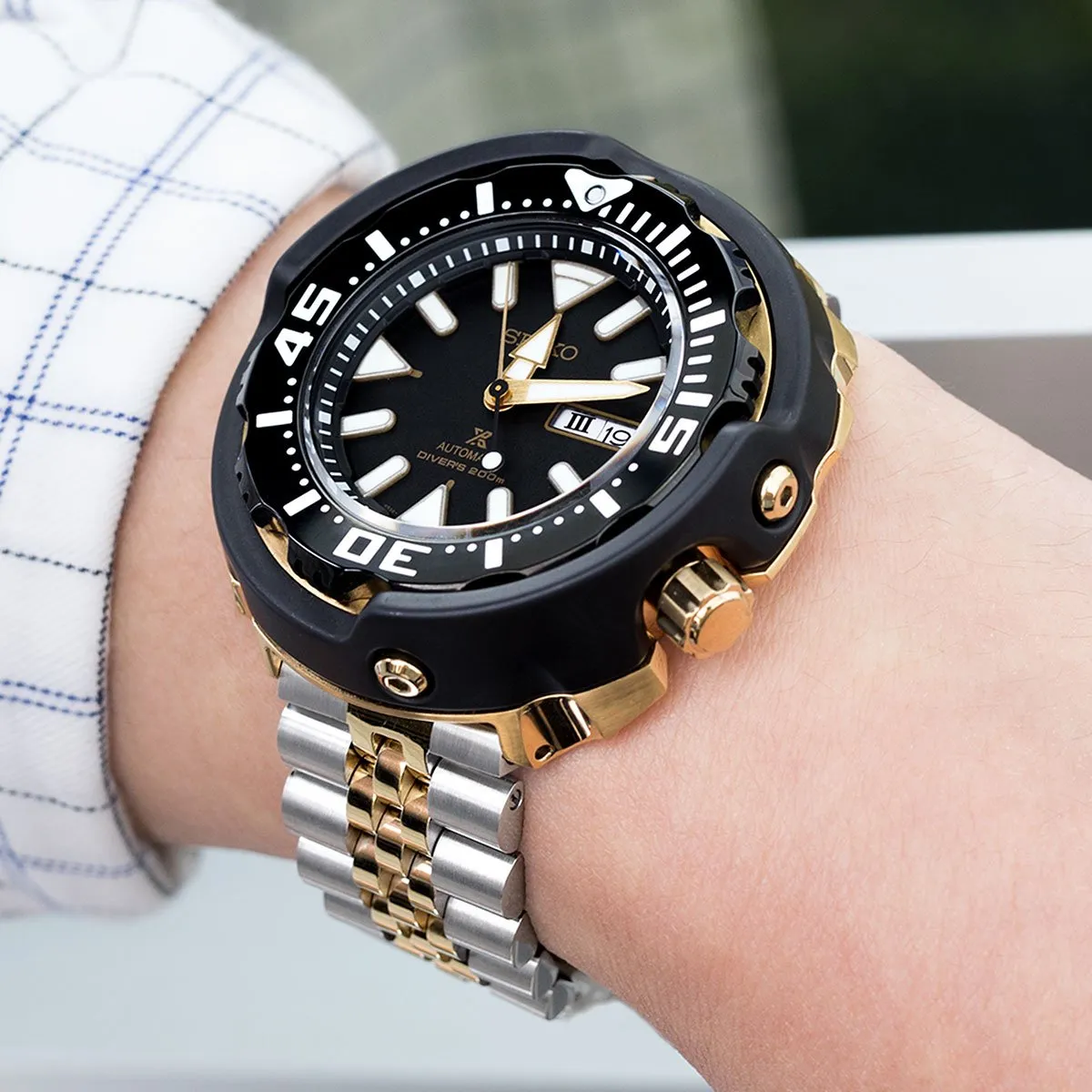 22mm Super-J Louis JUB Solid Straight End Watch Band, 316L Stainless Steel Two Tone IP Gold with 2T SUB Clasp