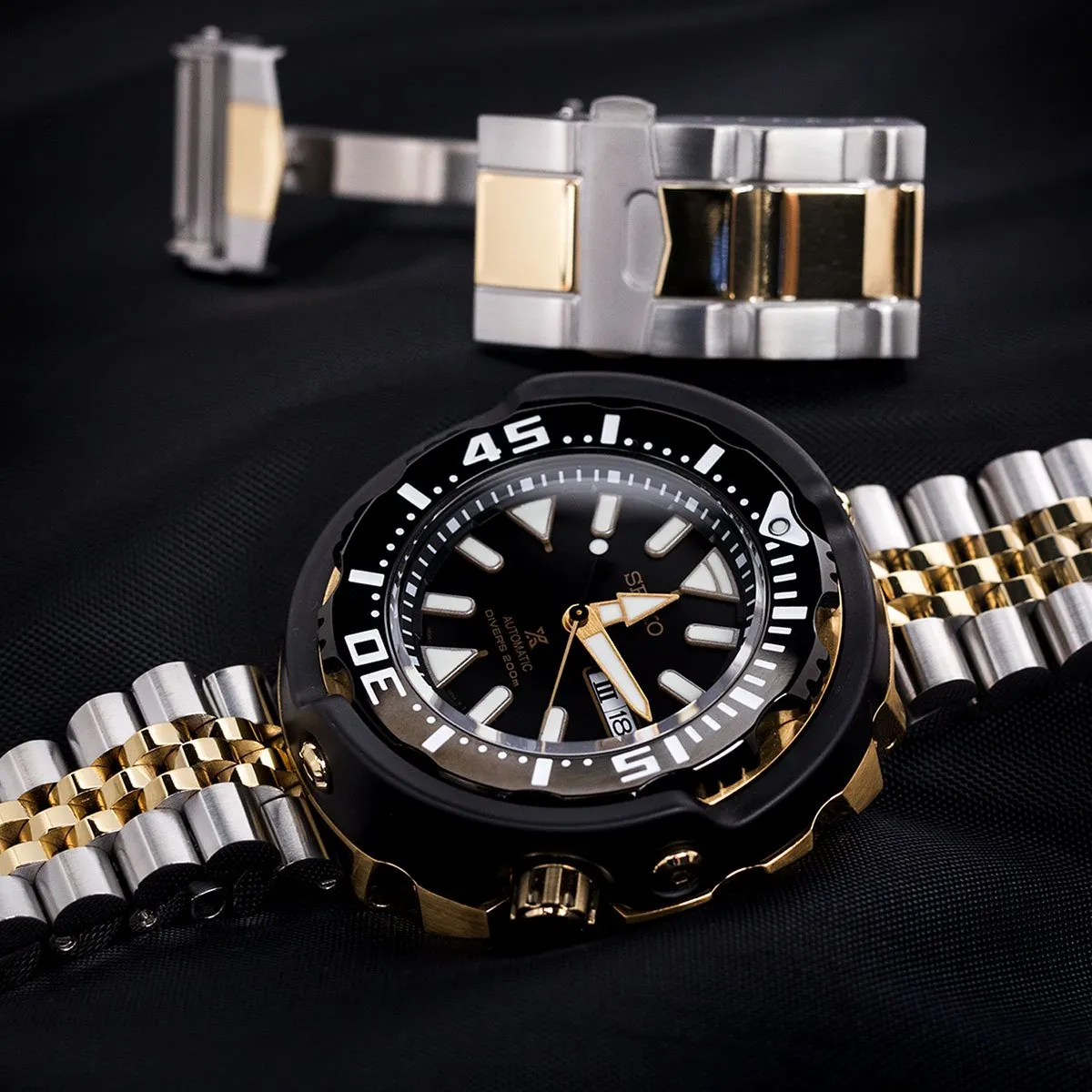 22mm Super-J Louis JUB Solid Straight End Watch Band, 316L Stainless Steel Two Tone IP Gold with 2T SUB Clasp