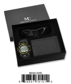 86055-Black/Gold Digital Watch, Card Clip, Polarized Sunglass in G-2028 Gift Box
