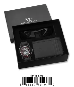 86446-Black/Red Digital Watch, Card Clip, Polarized Sunglass in G-2028 Gift Box