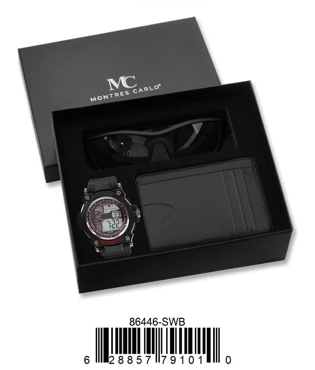 86446-Black/Red Digital Watch, Card Clip, Polarized Sunglass in G-2028 Gift Box
