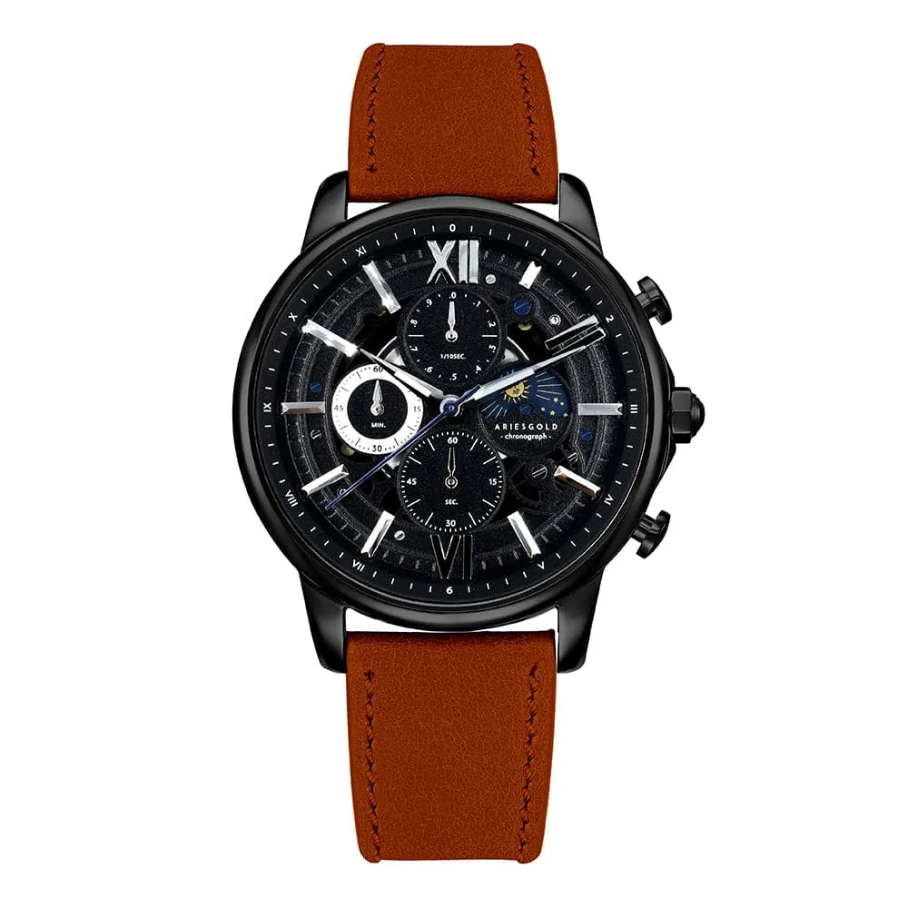 ARIES GOLD BELFAST MOON G 7013 BK-BK MEN'S LEATHER WATCH