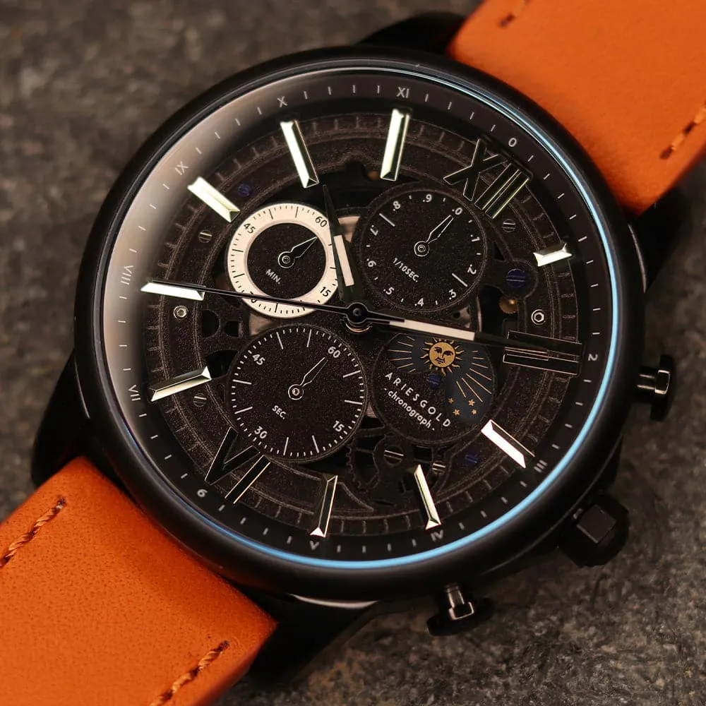 ARIES GOLD BELFAST MOON G 7013 BK-BK MEN'S LEATHER WATCH