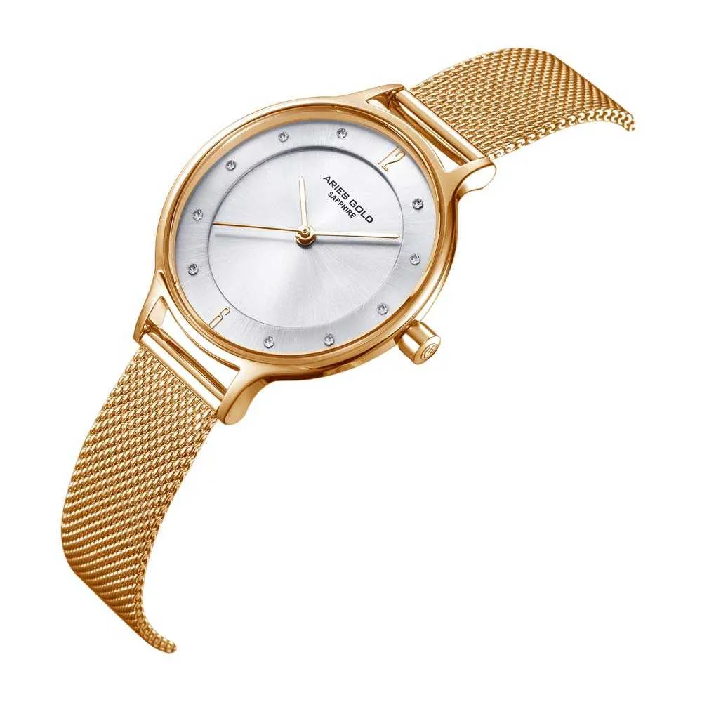 ARIES GOLD ENCHANT GOLD STAINLESS STEEL L 5033Z G-W MESH STRAP WOMEN'S WATCH