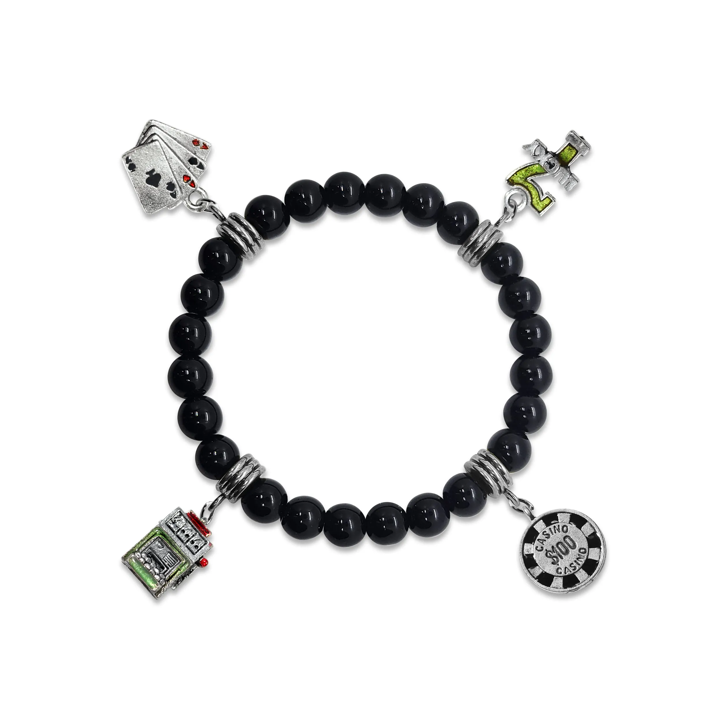 Casino Genuine Onyx Charm Bracelet | Handmade in USA | 4 Hand-Painted Charms