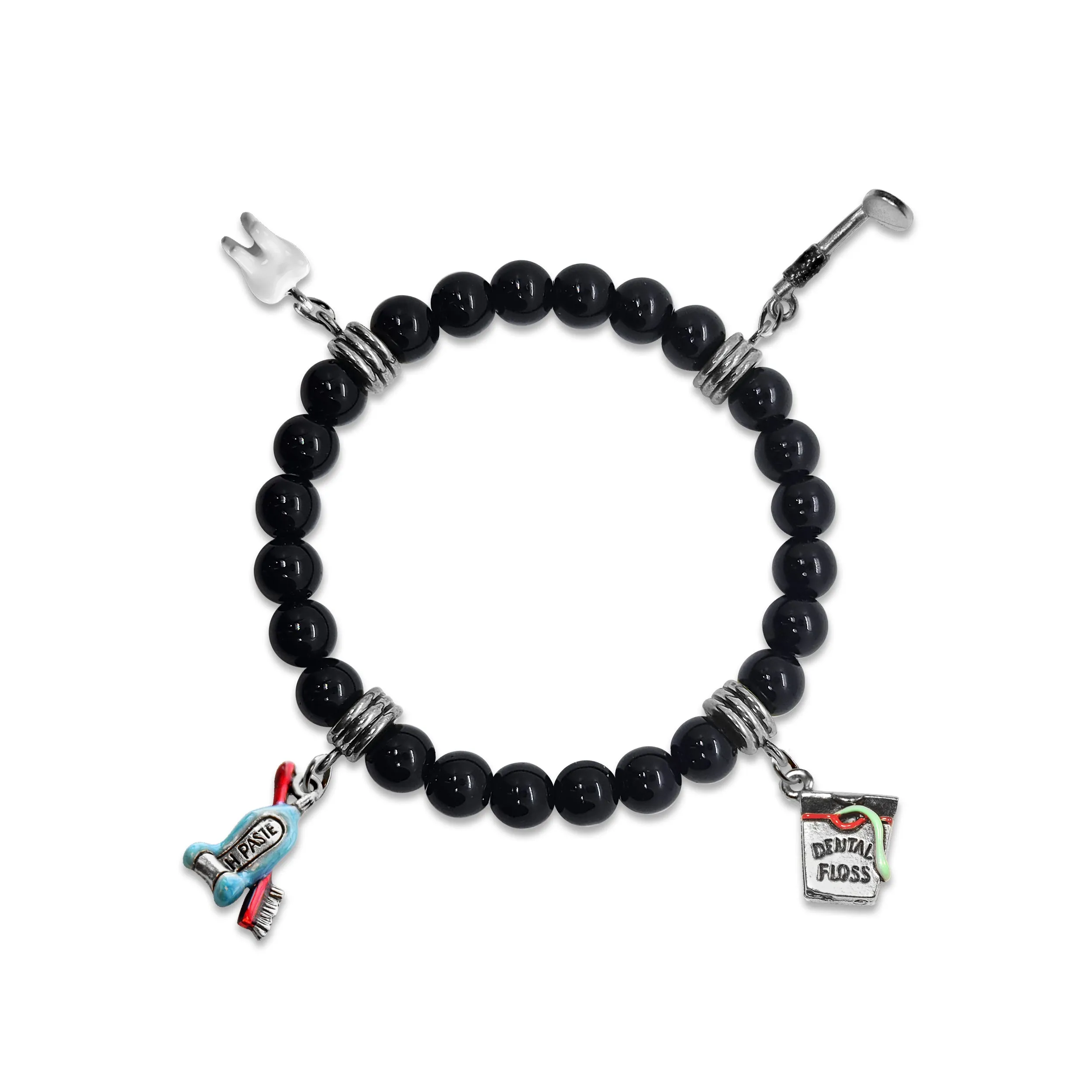 Dental Genuine Onyx Charm Bracelet | Handmade in USA | 4 Hand-Painted Charms