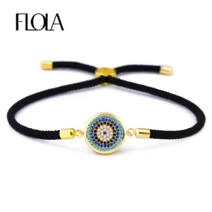 FLOLA Turkish Male Bracelets Cubic Zirconia Evil Eye Bracelets for Women Dubai Gold Plated Jewelry Thread erkek bileklik brtb12