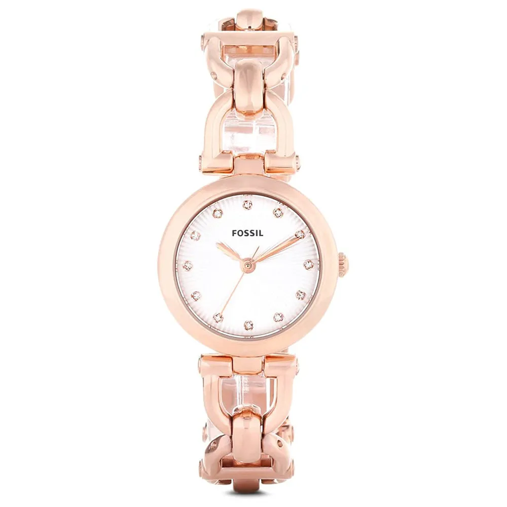 Fossil Women's Olive Crystal Analog Stainless Watch - Rose Gold Bracelet - White Dial - ES3350