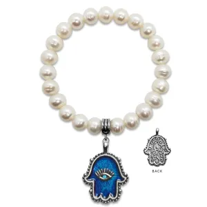 Hamsa Hand Freshwater Pearl Stretch Charm Bracelet | Hand-Strung & Hand-Painted in USA