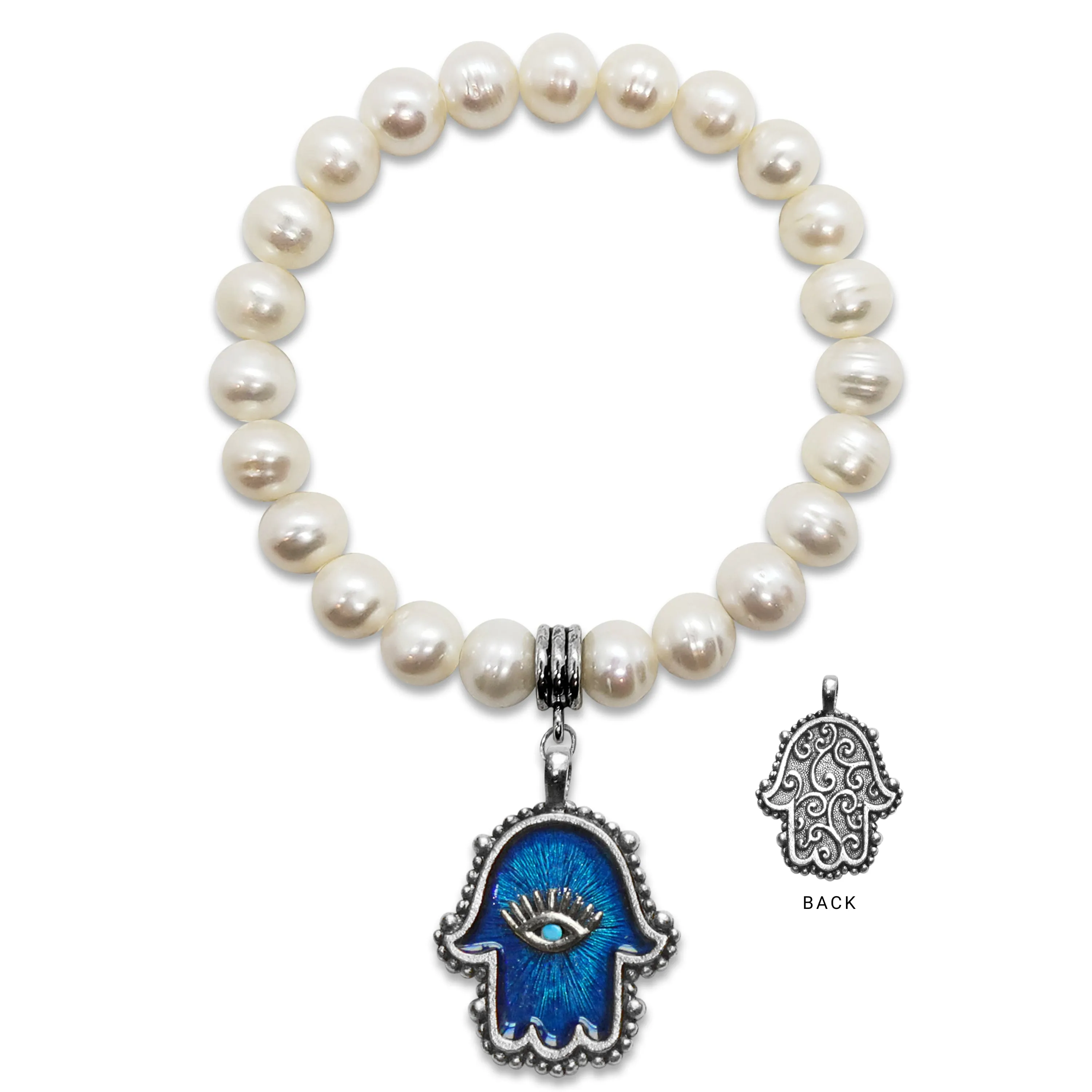 Hamsa Hand Freshwater Pearl Stretch Charm Bracelet | Hand-Strung & Hand-Painted in USA