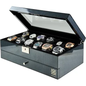 HAWK & GABLE Luxury 12 Slot Watch Box Organizer with Valet Drawer, Glass Display and Lock, Wide Compartments Fit Large Watches, Velvet Lining, Men’s Jewelry Case, Carbon Fibre Finish (Specter Valet)