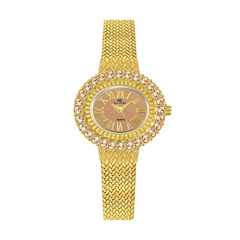 Hip Hop Fashion Women's Golden Stainless Steel Quartz Small Wristwatch
