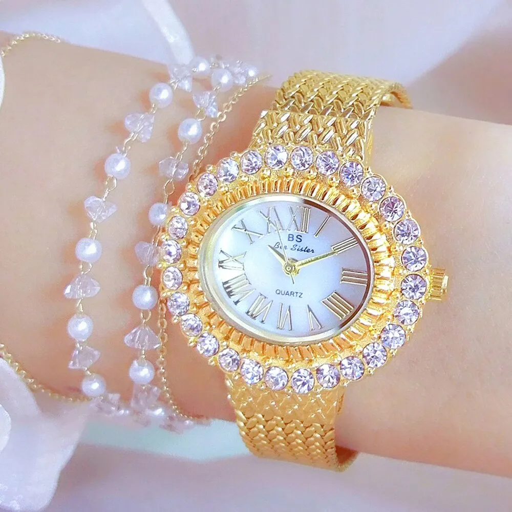 Hip Hop Fashion Women's Golden Stainless Steel Quartz Small Wristwatch