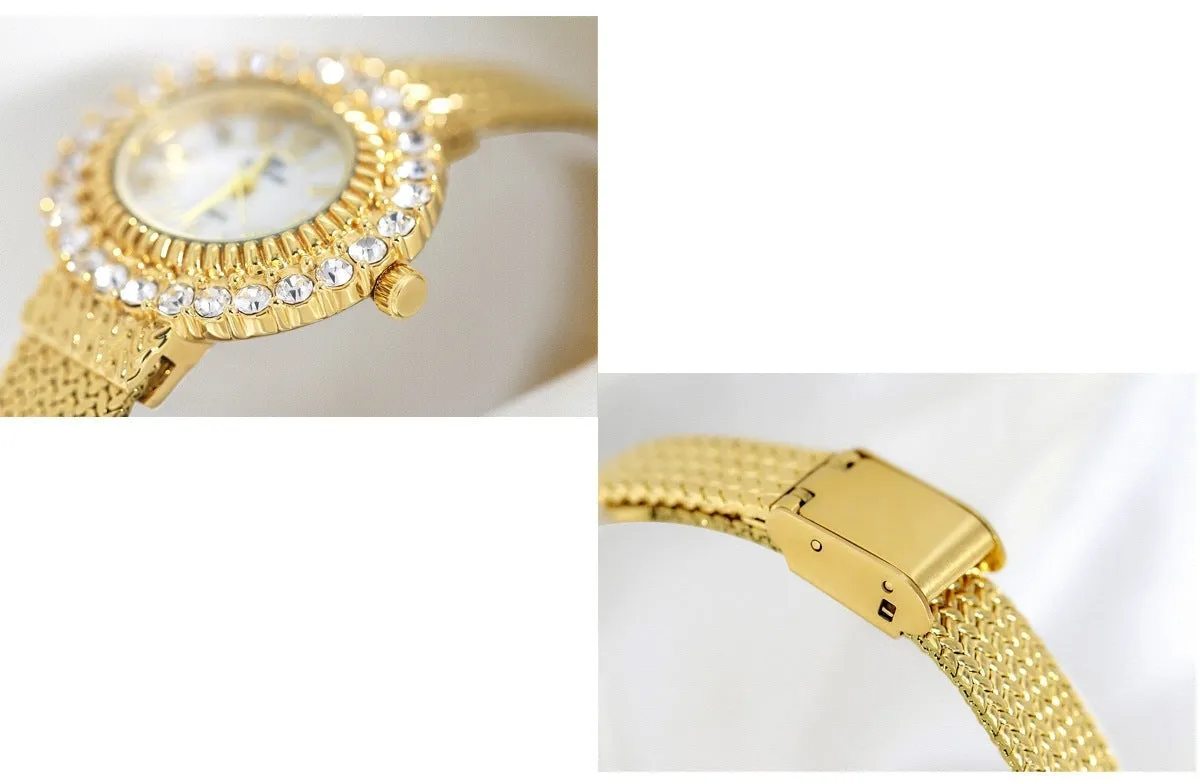 Hip Hop Fashion Women's Golden Stainless Steel Quartz Small Wristwatch