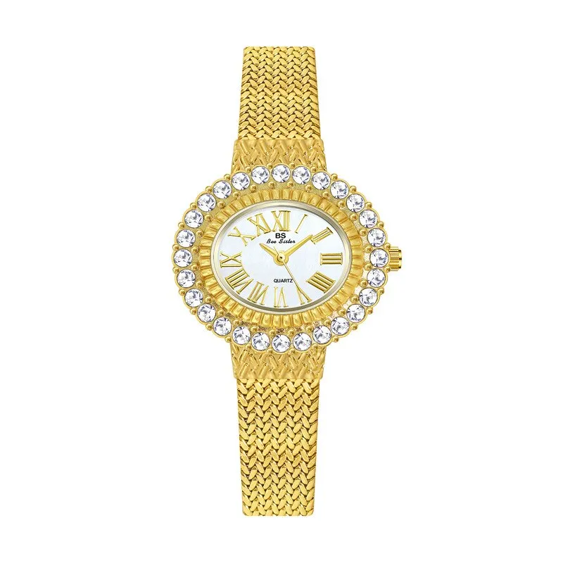 Hip Hop Fashion Women's Golden Stainless Steel Quartz Small Wristwatch