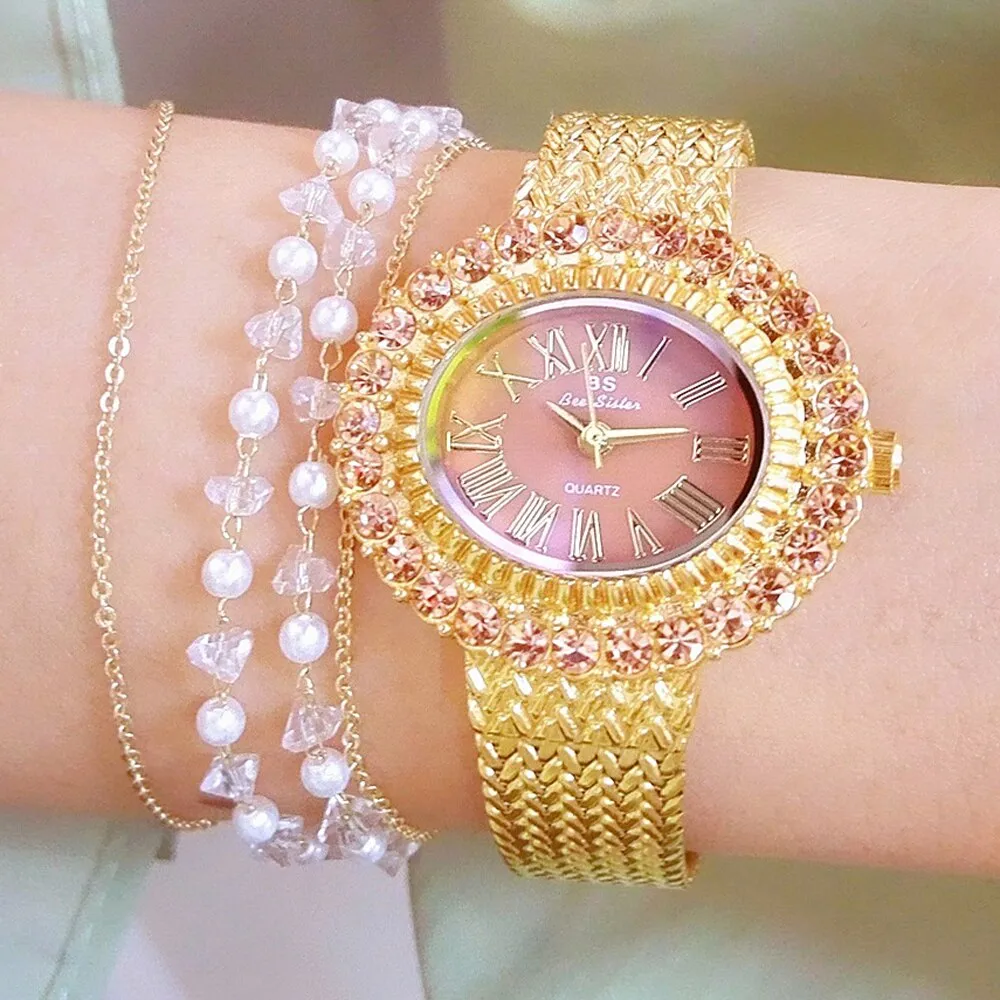 Hip Hop Fashion Women's Golden Stainless Steel Quartz Small Wristwatch
