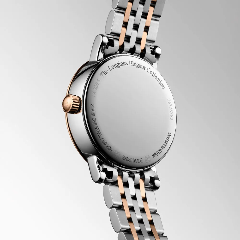 Longines Elegant Collection 30mm MOP Diamond Dot Dial Moon Phase 18ct Rose Gold Capped Steel Quartz Ladies Watch L4.330.5.87.7