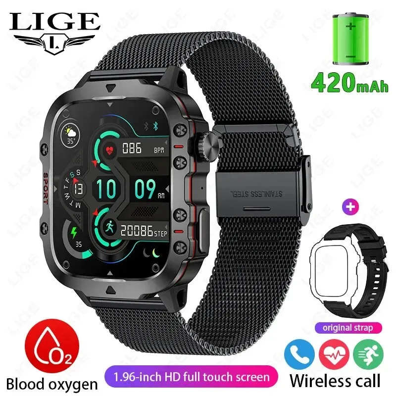 New Smart Watch with 1.96-Inch Screen, 420mAh Battery, Bluetooth Call, Voice Assistant, Sports Fitness Tracking, and Waterproof Features for Men
