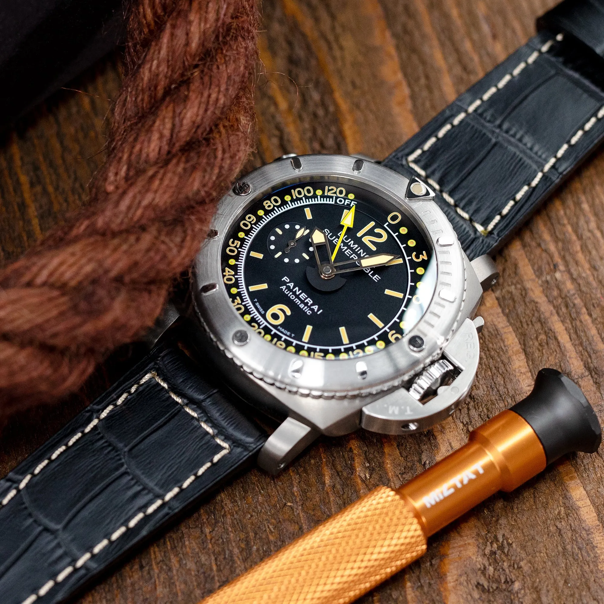 Pam Collection, Black Croco Grain Italian Leather Strap for Panerai, Beige Stitch.