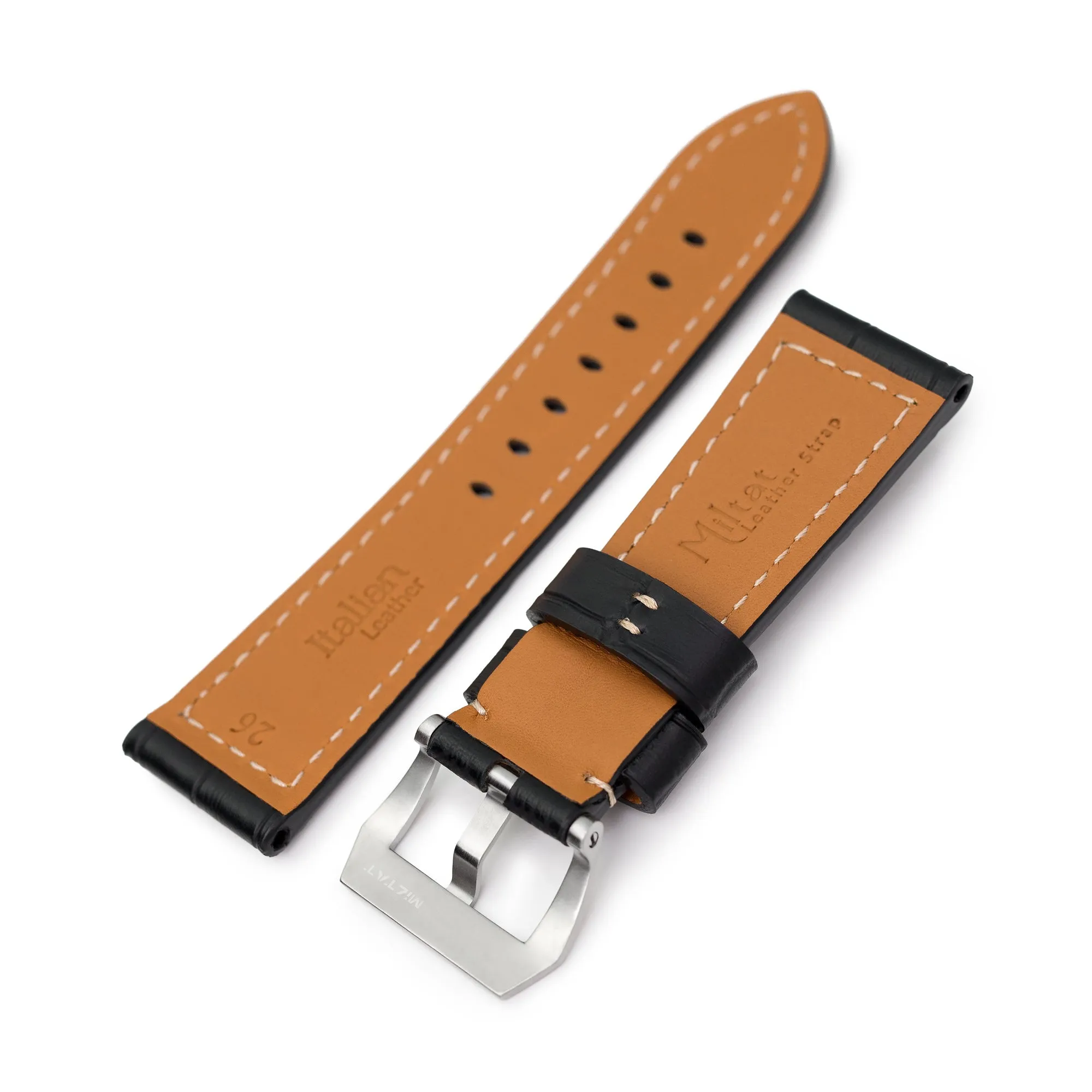 Pam Collection, Black Croco Grain Italian Leather Strap for Panerai, Beige Stitch.