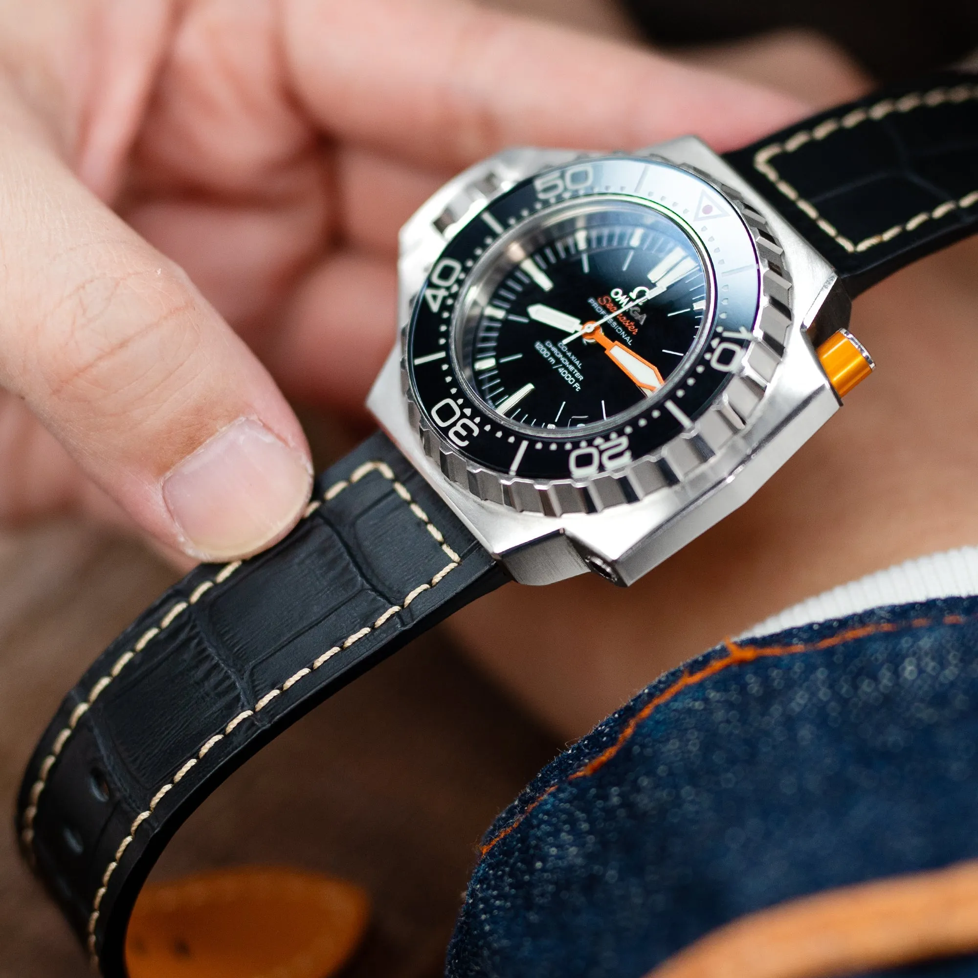 Pam Collection, Black Croco Grain Italian Leather Strap for Panerai, Beige Stitch.