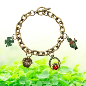St. Patrick's Day Irish Toggle Charm Bracelet | 4 Handpainted Charms | Antique Gold Finish