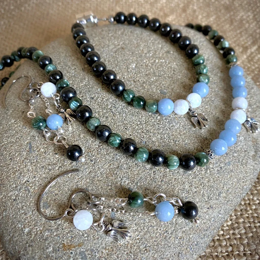 Sterling Silver Angel Bracelet, Celestite, Angelite, Seraphinite, & Shungite