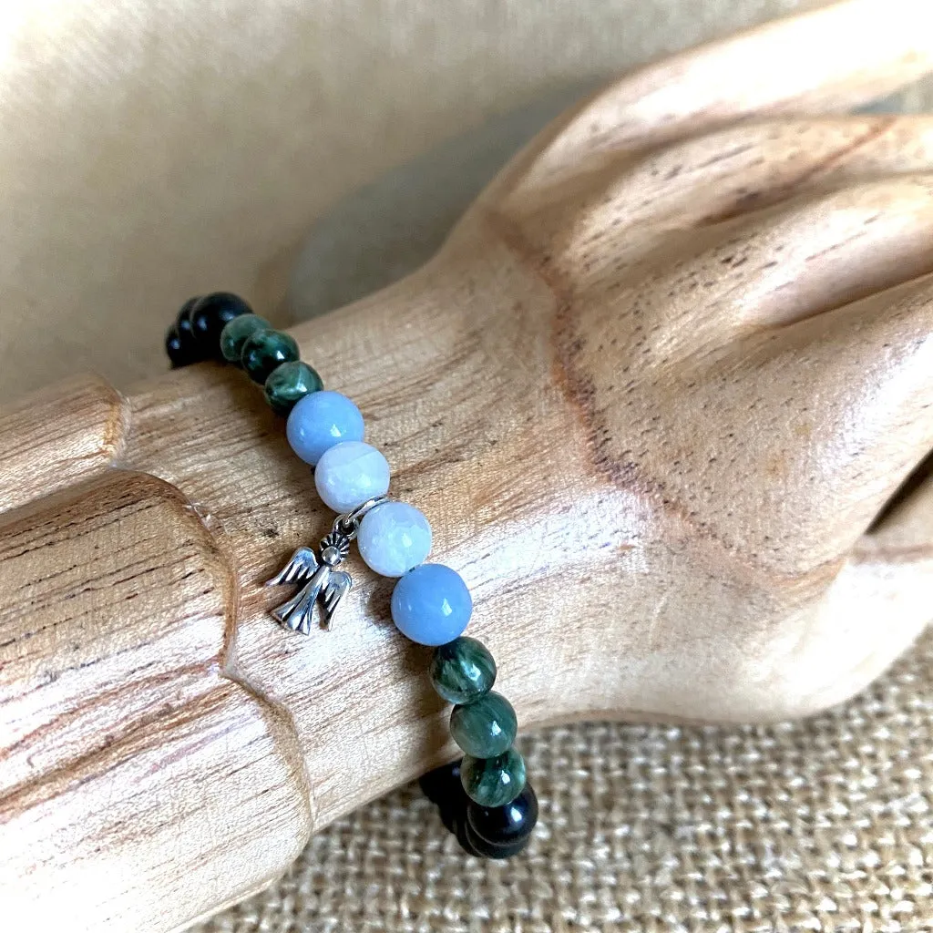 Sterling Silver Angel Bracelet, Celestite, Angelite, Seraphinite, & Shungite