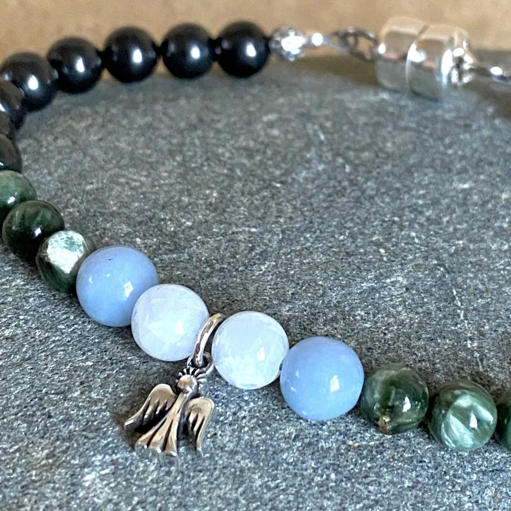 Sterling Silver Angel Bracelet, Celestite, Angelite, Seraphinite, & Shungite