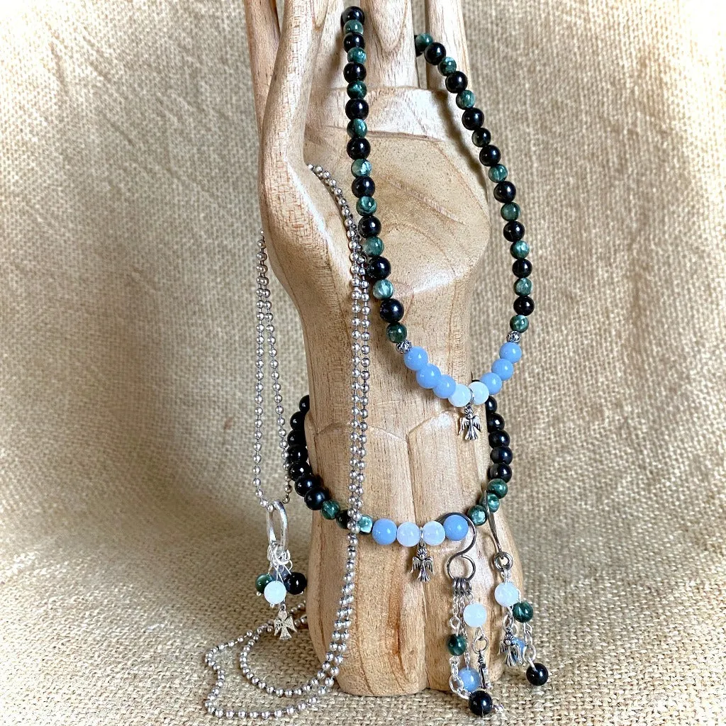 Sterling Silver Angel Bracelet, Celestite, Angelite, Seraphinite, & Shungite