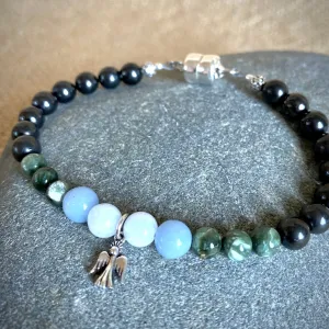 Sterling Silver Angel Bracelet, Celestite, Angelite, Seraphinite, & Shungite