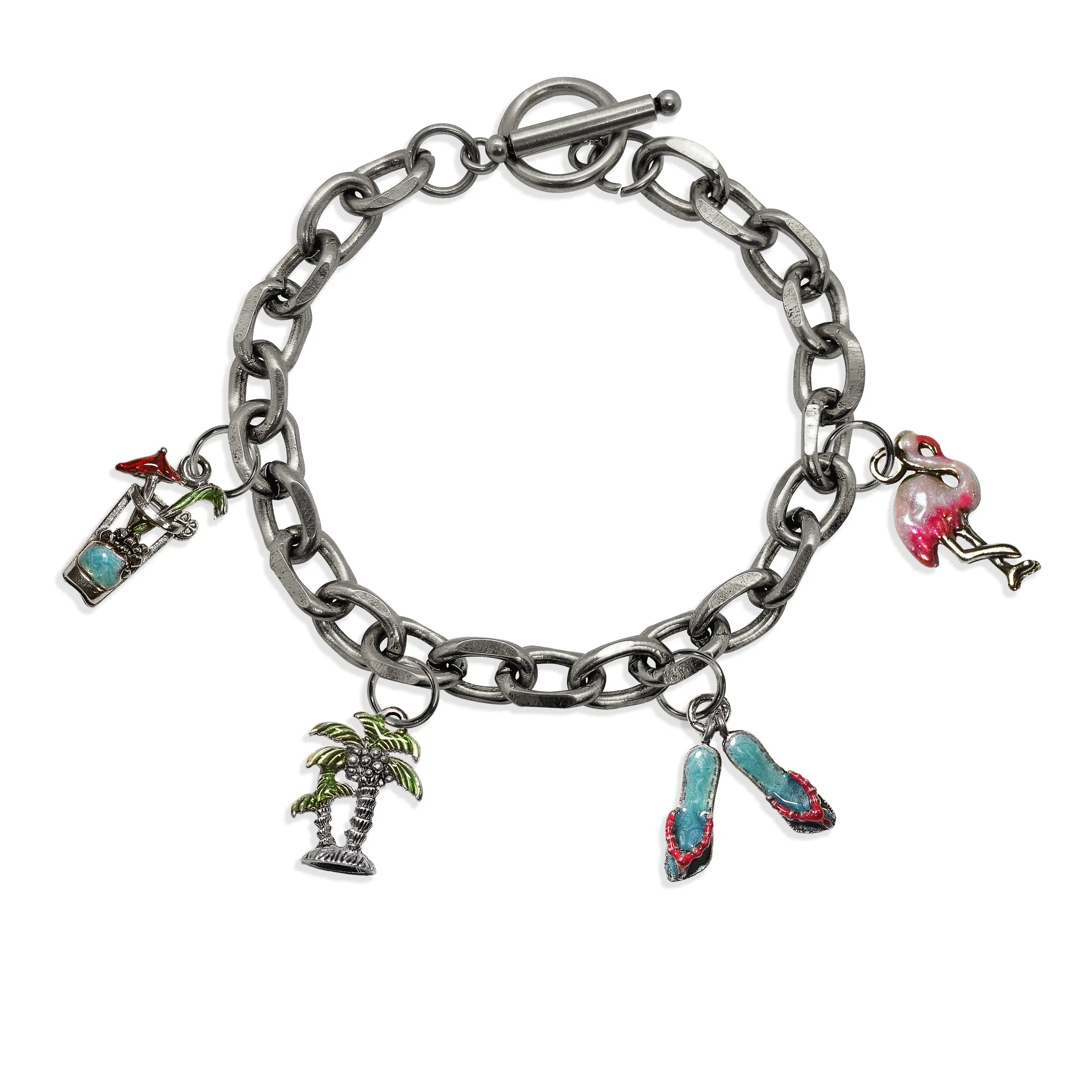 Summer Fun Toggle Charm Bracelet | 4 Handpainted Charms | Antique Gold or Antique Silver Finish