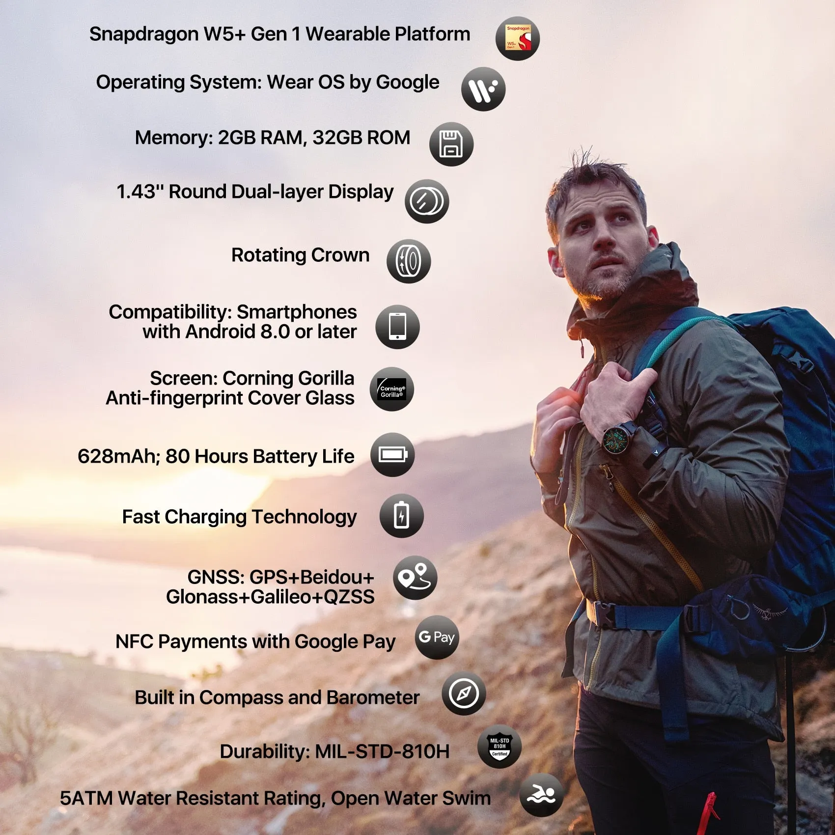 TicWatch Pro 5 Wear OS Smartwatch Built 100  Sports Modes 5ATM Water-resistance Compass NFC and 80Hrs Battery Life for Android