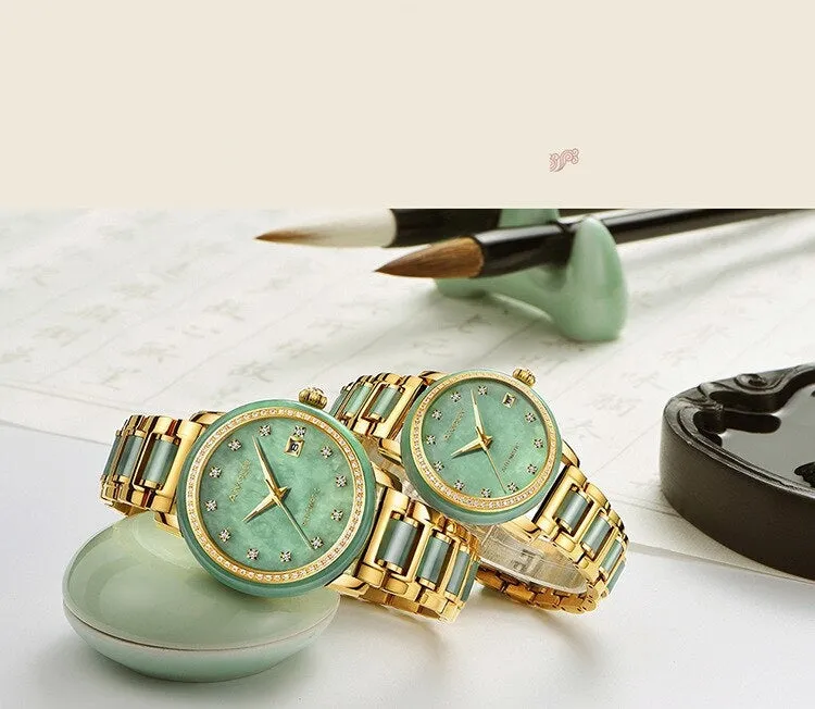Unisex Jade Diamond Automatic Mechanical Hollow Emerald Wrist Watch