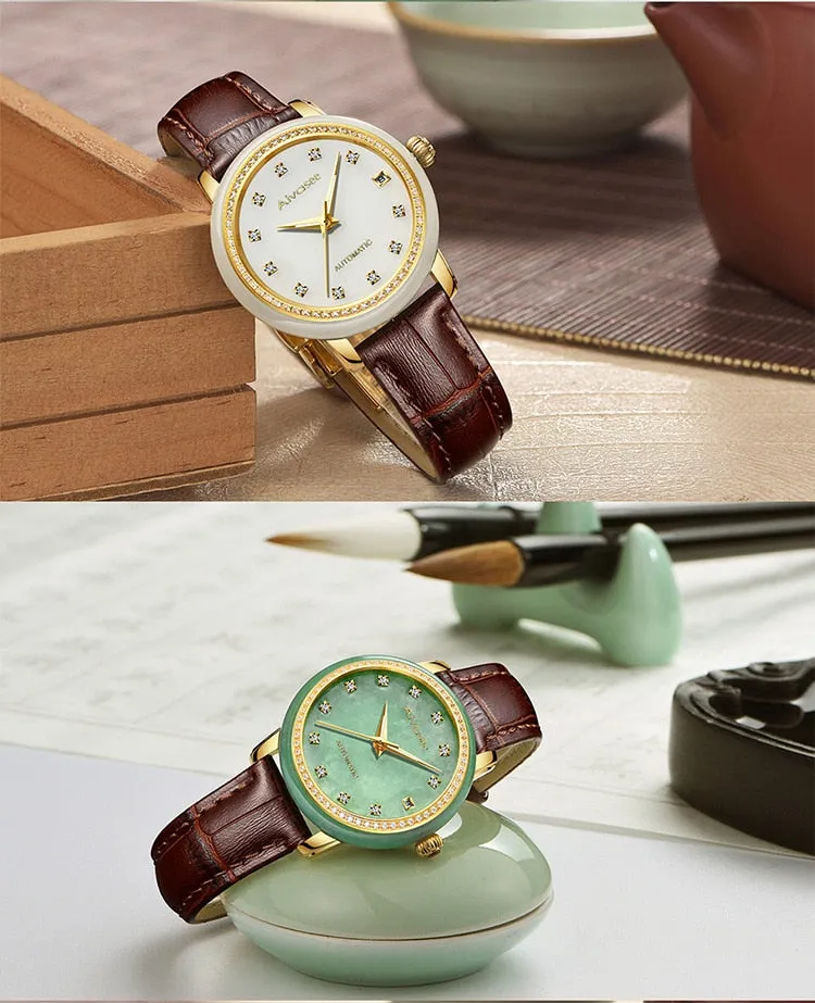 Unisex Jade Diamond Automatic Mechanical Hollow Emerald Wrist Watch