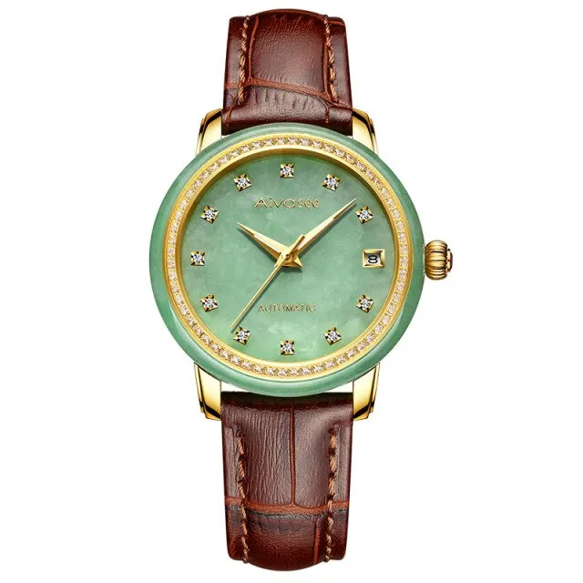 Unisex Jade Diamond Automatic Mechanical Hollow Emerald Wrist Watch