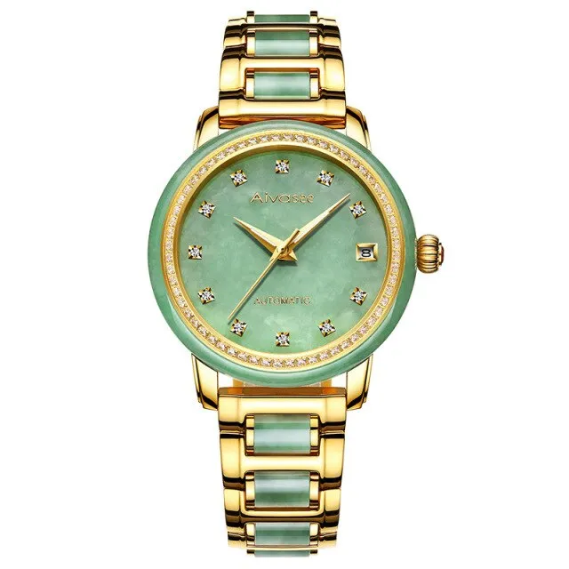 Unisex Jade Diamond Automatic Mechanical Hollow Emerald Wrist Watch