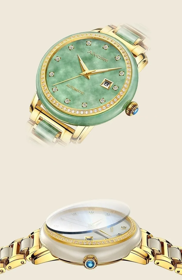 Unisex Jade Diamond Automatic Mechanical Hollow Emerald Wrist Watch