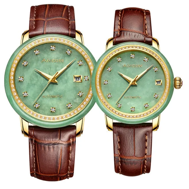 Unisex Jade Diamond Automatic Mechanical Hollow Emerald Wrist Watch