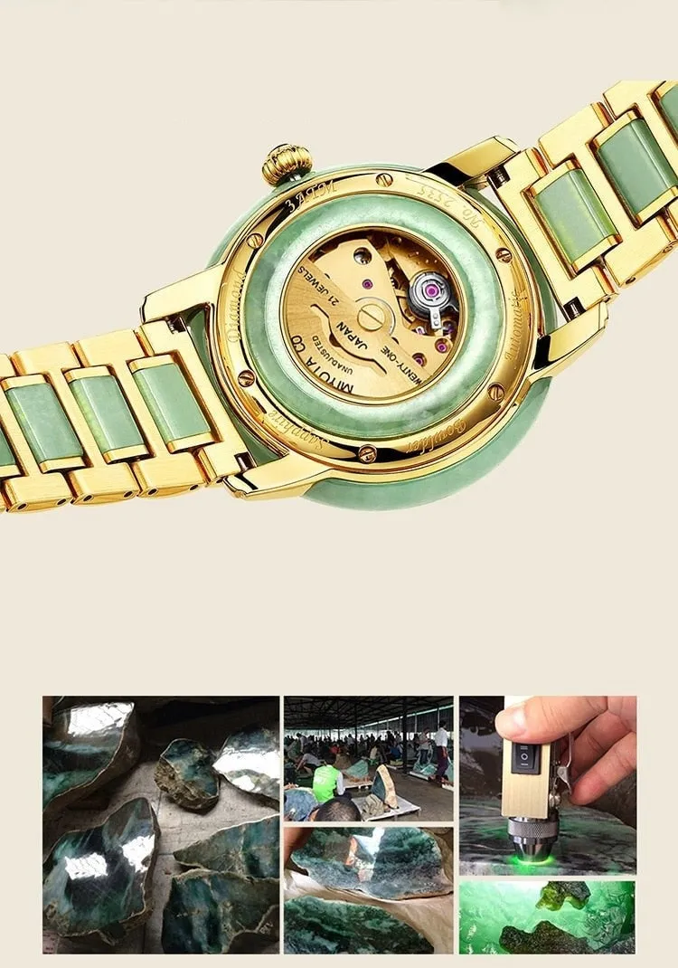 Unisex Jade Diamond Automatic Mechanical Hollow Emerald Wrist Watch