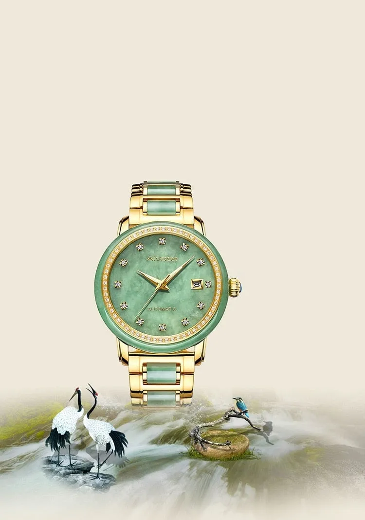 Unisex Jade Diamond Automatic Mechanical Hollow Emerald Wrist Watch