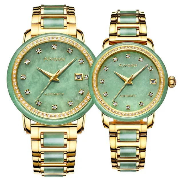Unisex Jade Diamond Automatic Mechanical Hollow Emerald Wrist Watch