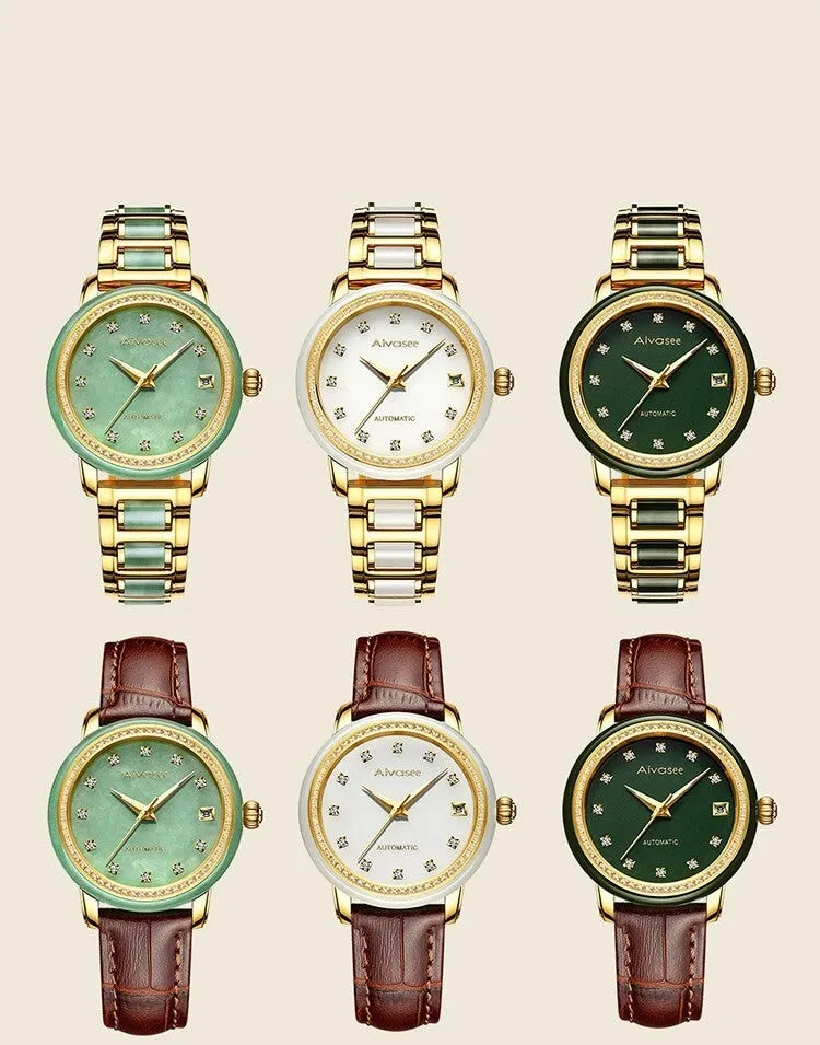 Unisex Jade Diamond Automatic Mechanical Hollow Emerald Wrist Watch
