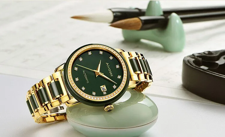 Unisex Jade Diamond Automatic Mechanical Hollow Emerald Wrist Watch