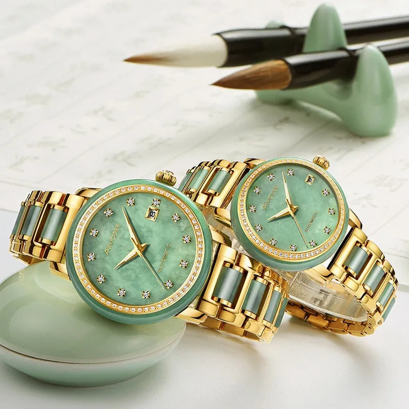 Unisex Jade Diamond Automatic Mechanical Hollow Emerald Wrist Watch