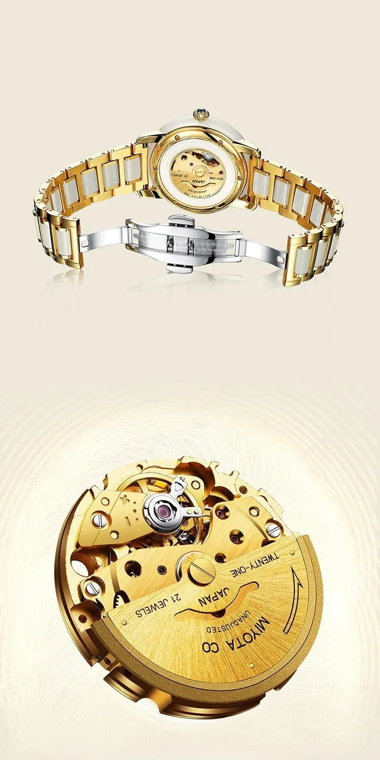 Unisex Jade Diamond Automatic Mechanical Hollow Emerald Wrist Watch