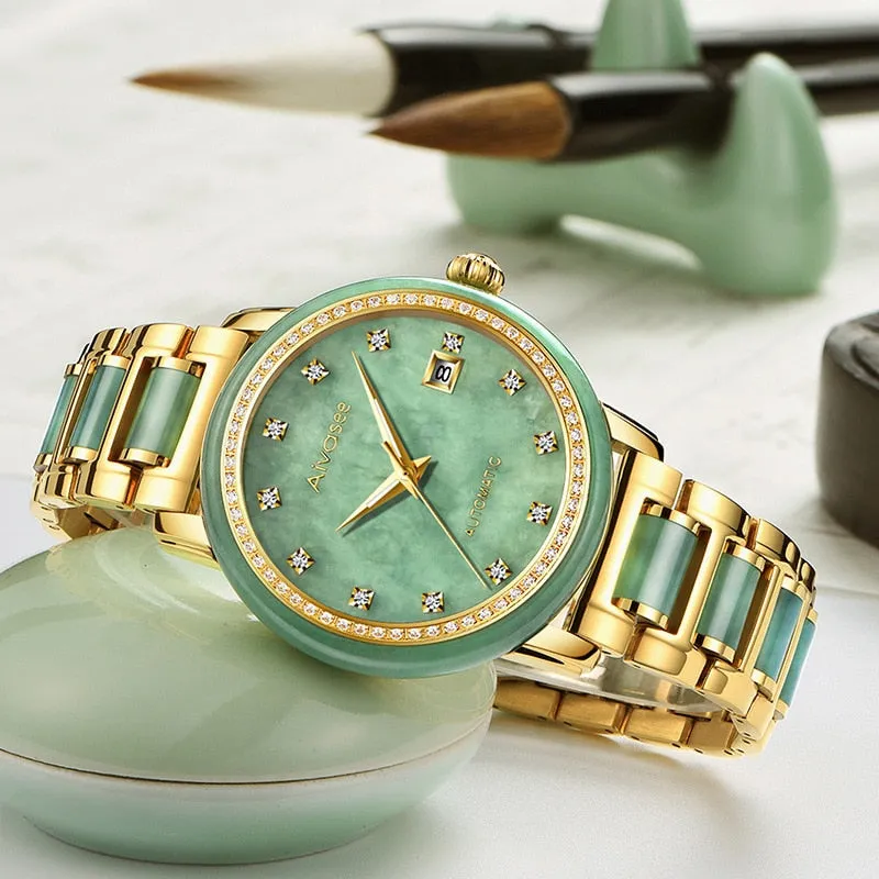 Unisex Jade Diamond Automatic Mechanical Hollow Emerald Wrist Watch