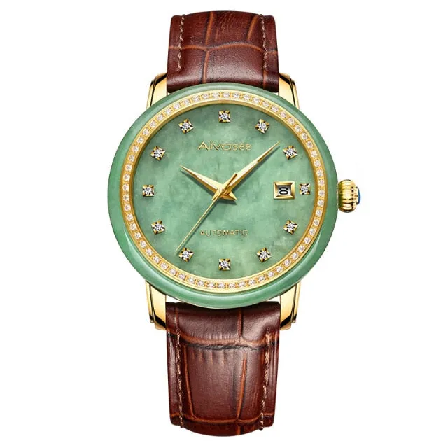 Unisex Jade Diamond Automatic Mechanical Hollow Emerald Wrist Watch